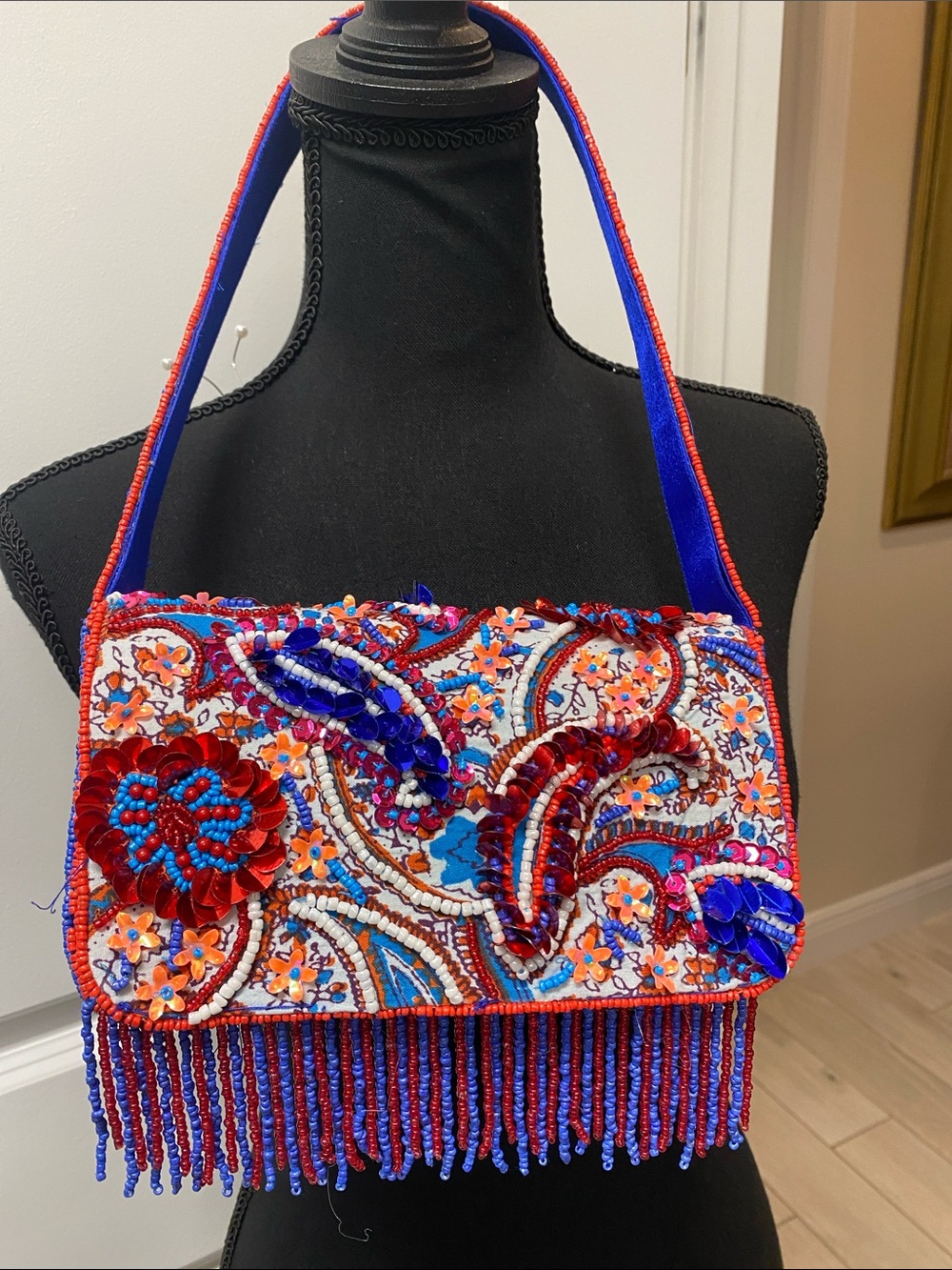 India Boutique Beaded Mini Bag in Red, Blue & Orange